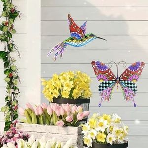 New Set of 2 Colorful Metal Hummingbird Butterflies Art Decor